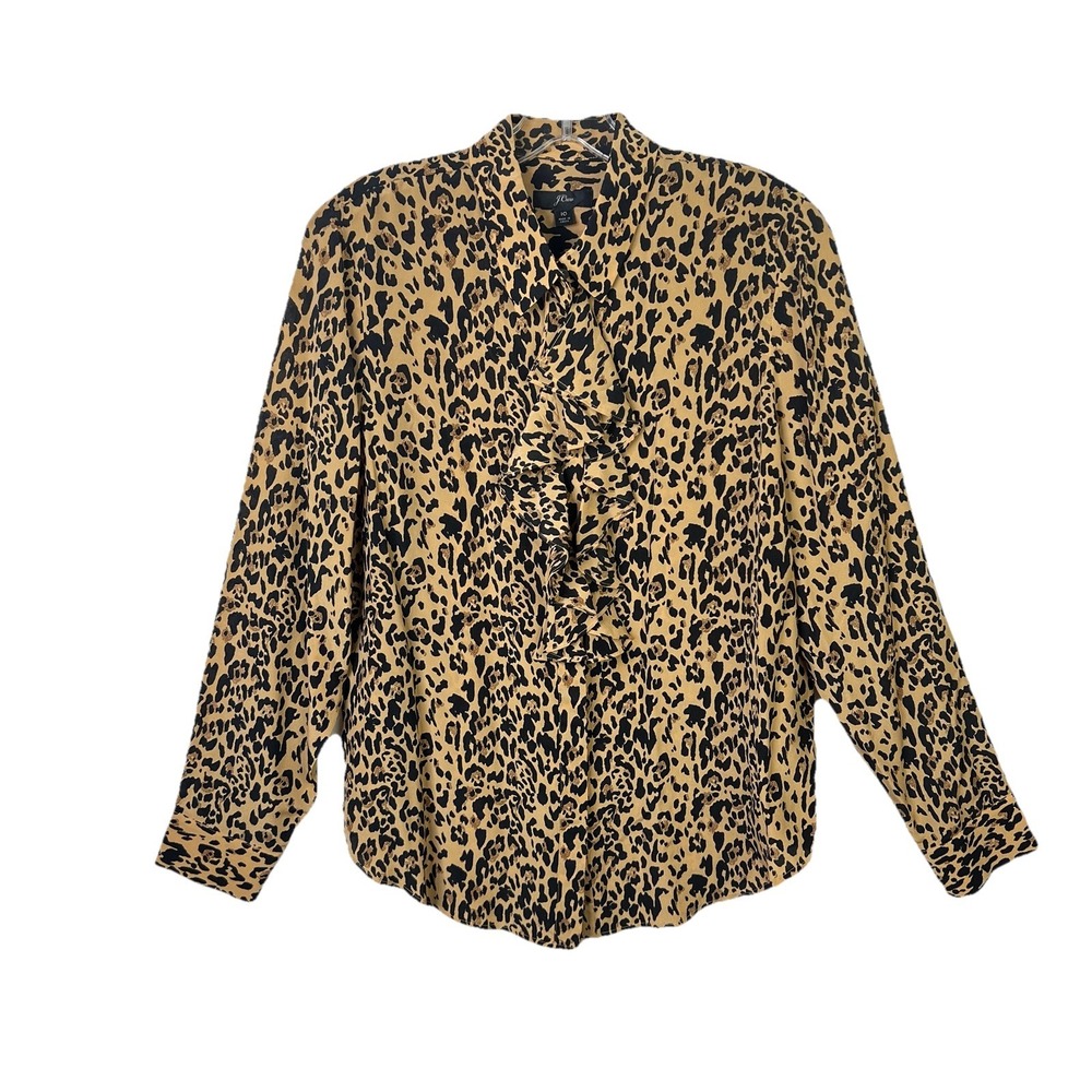 J CREW Brown Leopard Animal Print 100% Silk Button Up Blouse Ruffle Front Sz 10